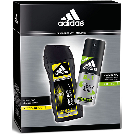Adidas Cool & Dry 48h 6v1 antiperspirant deodorant sprej pre mužov 150 ml + Extra Pure šampón na vlasy proti lupinám 200 ml, kozmetická sada