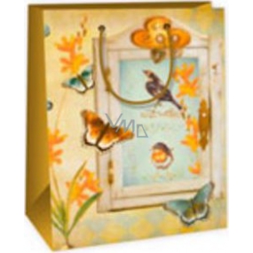Ditipo Darčeková papierová taška 18 x 10 x 22,7 cm béžová - okno, vtáčiky, motýle