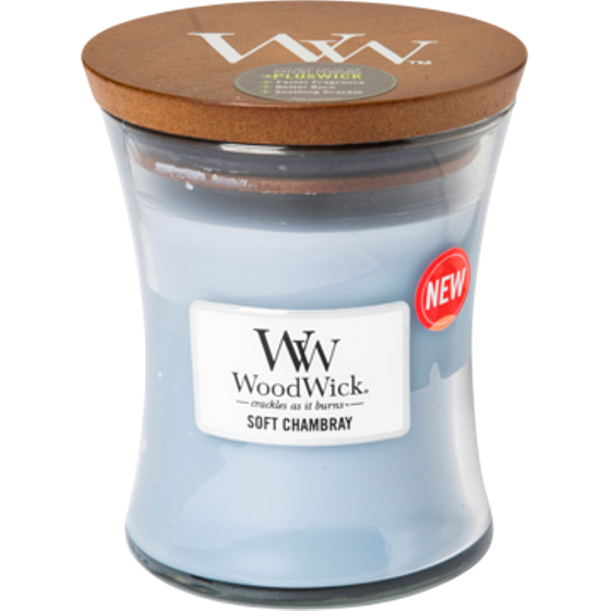 Woodwick Soft Chambray - Čisté bielizeň vonná sviečka s dreveným knôtom a viečkom sklo stredná 275 g