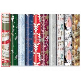 Zöwie Darčekový baliaci papier 70 x 200 cm Vianočný sivo-červeno-zelený - drevené stromčeky, srdiečka, hviezdičky