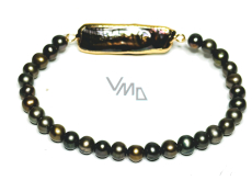 Perla čierna s ozdobou náramok elastický prírodný, guľôčka 4-5 mm / 16 - 17 cm, symbol ženskosti, prináša obdiv