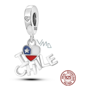 Charm Striebro 925 Čilská vlajka srdce - Milujem Čile - I Love Chile, 2v1 prívesok na náramok cestovanie