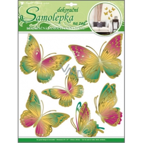 Samolepky na stenu motýle zelenooranžovom s pohyblivými zlatými krídlami 39 x 30 cm