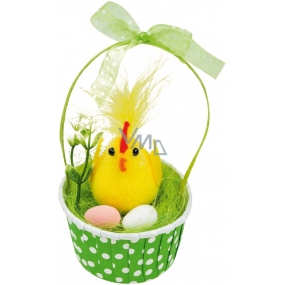 Kuriatko s vajcami v zelenom košíku 12 cm