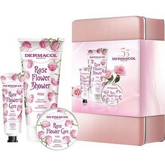 Dermacol Rose Flower Ruže krém na ruky 30 ml + sprchový gél 200 ml + telové maslo 75 ml, kozmetická sada