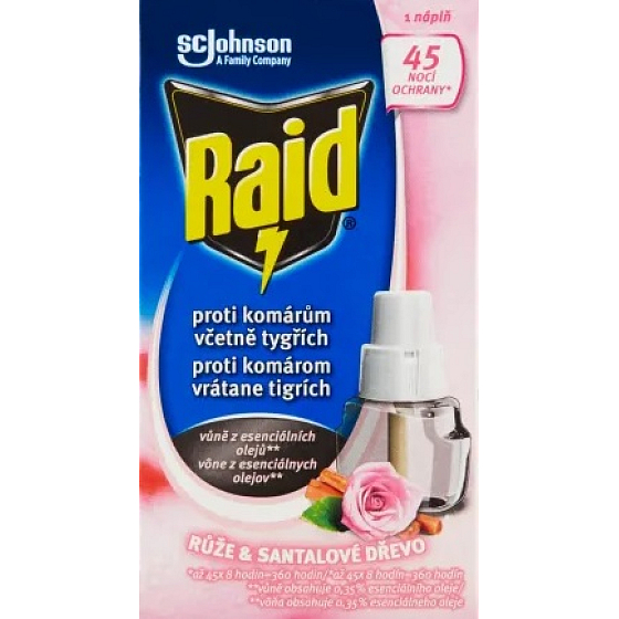 Raid Ruža a santalové drevo elektrický odparovač tekutý repelent proti komárom 45 nocí 27 ml