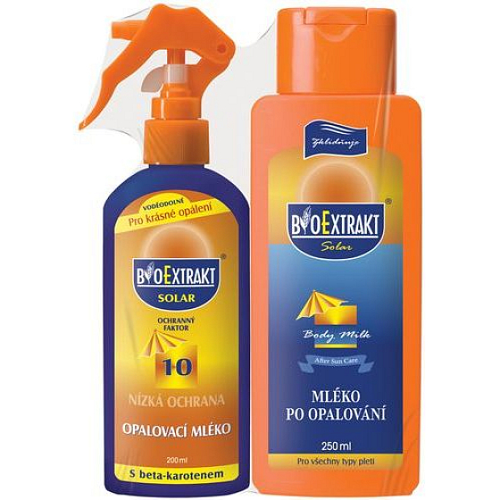 BioExtrakt SPF 10 Opaľovacie mlieko 200 ml sprej + mlieko 250 ml, kozmetická sada