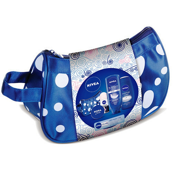 Nivea Creme Care sprchový gél 250 ml + Invisible Black & White Clear guľôčkový antiperspirant 50 ml + telové mlieko do sprchy 400 ml + krém 30 ml + taštička, pre ženy kozmetická sada