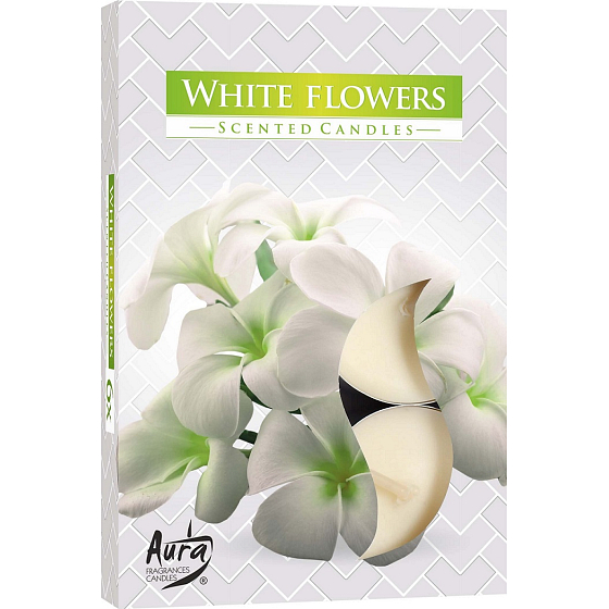 BISPOL Aura White Flowers - Biele kvety vonné čajové sviečky 6 kusov