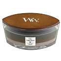WoodWick Trilogy Cozy Cabin - Útulná chata vonná sviečka s dreveným širokým knôtom a viečkom sklo loď 453 g