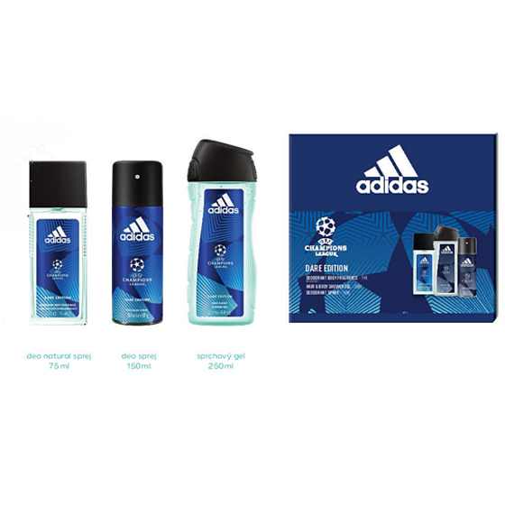 Adidas UEFA Champions League Dare Edition VI parfumovaný deodorant sklo pre mužov 75 ml + sprchový gél 250 ml + dezodorant sprej 150 ml, kozmetická sada