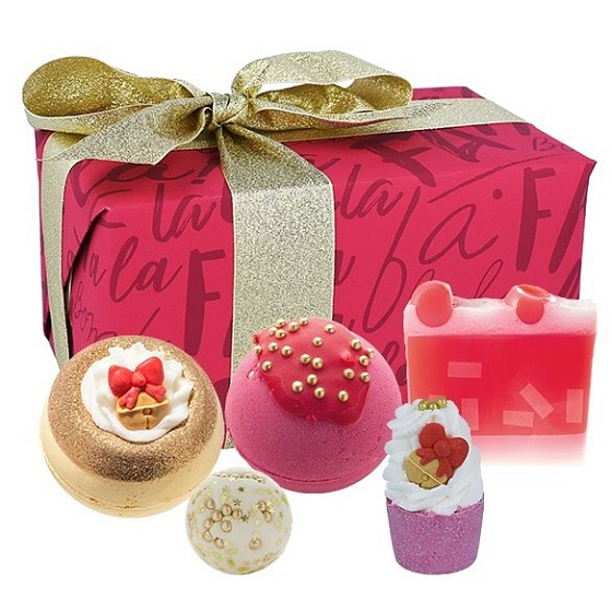 Bomb Cosmetics Fa La La Festive šumivý balistik do kúpeľa 2 x 160 g + glycerínové mydlo 100 g + maslová guľôčka 30 g + špalíček do kúpeľa 50 g, kozmetická sada
