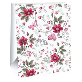 Ditipo Darčeková papierová taška 26,4 x 13,6 x 32,7 cm Biele červené kvety a motýle