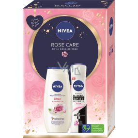 Nivea Rose Care Rose & Almond Oil sprchový gél 250 ml + Invisible Black & White Clear antiperspirant deodorant v spreji 150 ml, kozmetická sada pre ženy