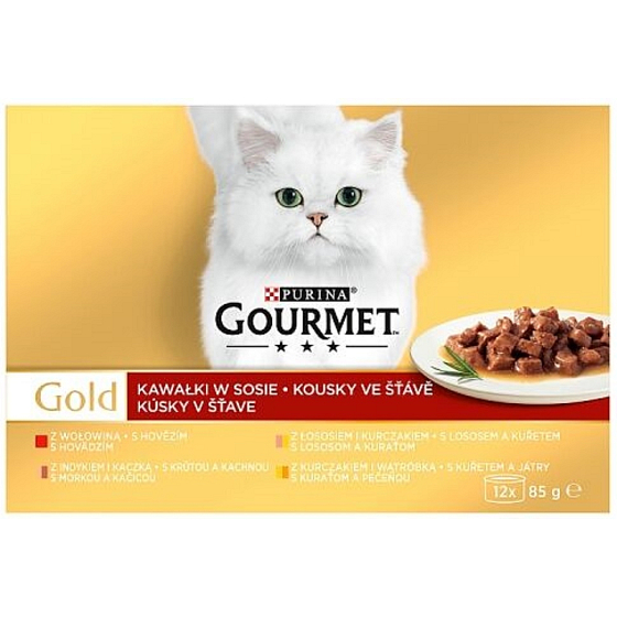 Gourmet Gold Multipack hovädzie, morčacie, kačacie, kuracie, pečeň, losos konzerva pre dospelé mačky 12 x 85 g