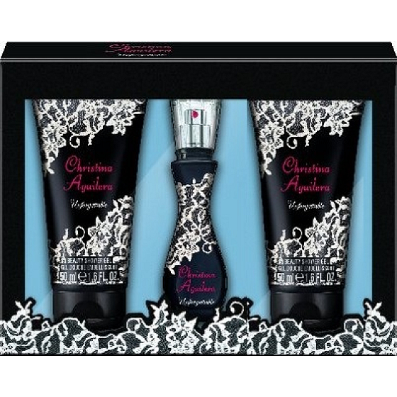 Christina Aguilera Unforgettable toaletná voda pre ženy 15 ml + sprchový gél 50 ml + telové mlieko 50 ml, darčeková sada
