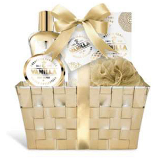 Cosmetica Fanatica Vanilkové telové mlieko 95 ml + sprchový gél 190 ml + telový peeling 50 ml + soľ do kúpeľa 50 g + podložka do kúpeľa + košík, kozmetická súprava