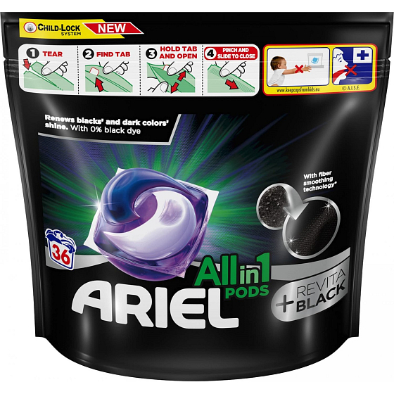Ariel All in1 Pods Revitablack gélové kapsuly na čierne a tmavé prádlo 36 kusov 766,8 g