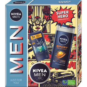 Nivea Men Super Hero krémový krém 75 ml + antiperspirant Fresh Kick 150 ml + sprchový gél a šampón na vlasy Sport 3v1 250 ml, kozmetická sada pre mužov