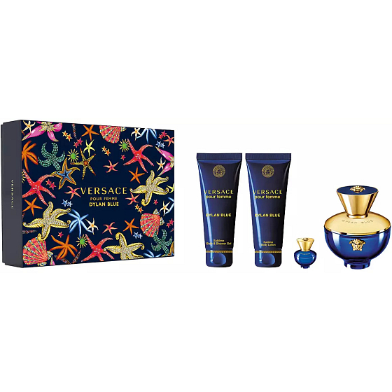 Versace Dylan Blue pour Femme parfumovaná voda 100 ml + telové mlieko 100 ml + sprchový gél 100 ml + parfumovaná voda 5 ml miniatúra, darčeková sada pre ženy