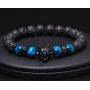 Lávová čierna + Tigrie oko svetlomodré + Náramok z vlčej hlavy elastický prírodný kameň, guľôčka 8 mm / 19 cm
