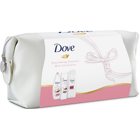 Dove Kokosové mlieko a kvety jazmínu sprchový gél 250 ml + telové mlieko 250 ml + šampón na vlasy 250 ml + etue, kozmetická sada