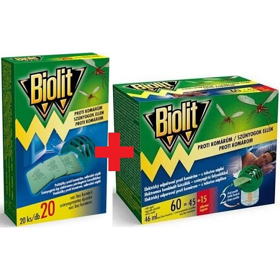 Biolit Proti komárom elektrický odparovač proti komárom s tekutou náplňou 60 nocí 46 ml + Biolit Vankúšiky do elektrického odpudzovače komárov náplň 20 kusov