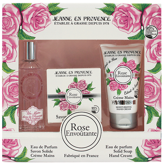 Jeanne en Provence Rose Envoutante - Podmanivá ruže parfémová voda pre ženy 60 ml + tuhé toaletné mydlo mydlo 100 g + krém na ruky 75 g, kozmetická sada