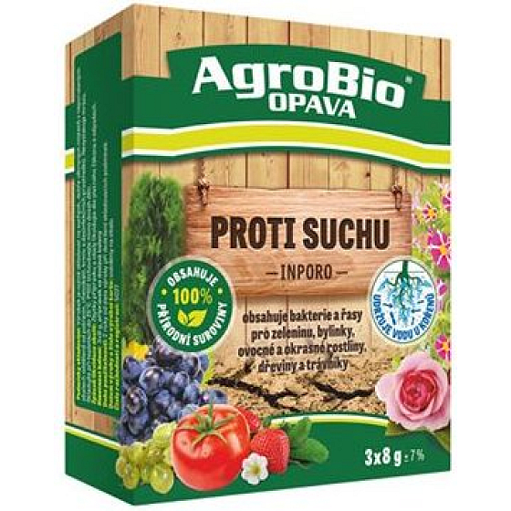 AgroBio Inporo Proti suchu obsahuje baktérie a riasy pre zeleninu, bylinky, ovocné a okrasné rastliny, dreviny a trávniky 3 x 8 g