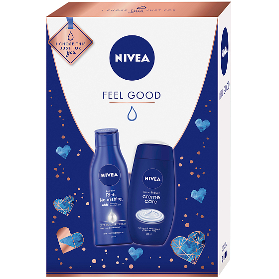 Nivea Feel Good výživné telové mlieko pre ženy 250 ml + Creme Care sprchový gél 250 ml, kozmetická sada
