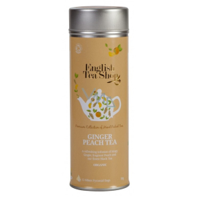 English Tea Shop Bio Čierny čaj Zázvor a Broskyňa 15 kusov bioodbourateľných pyramídiek čaju v recyklovateľnej plechovej dóze 30 g