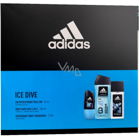 Adidas Ice Dive parfumovaný deodorant sklo pre mužov 75 ml + sprchový gél 250 ml + guľôčkový antiperspirant deodorant roll-on 50 ml, kozmetická sada pre mužov