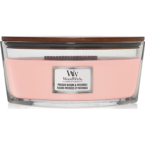 WoodWick Pressed Blooms & Patchouli - sviečka s vôňou drvených kvetov a pačuli s dreveným knôtom a skleneným viečkom 453 g