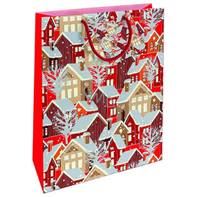 Nekupto Darčeková papierová taška 32,5 x 26 x 13 cm Vianočné domčeky červená