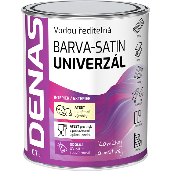 DENAS UNIVERZÁL-SATIN vrchná farba na drevo, kov a betón, 0100 biela, 0,7 kg