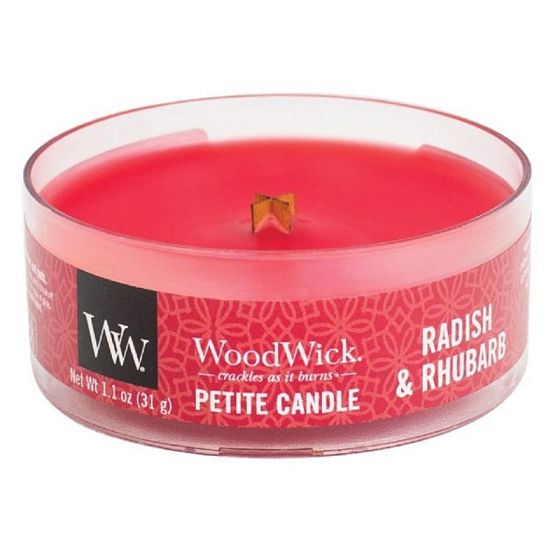 Woodwick Radish and Rhubarb - Reďkev a Rebarbora vonná sviečka s dreveným knôtom petite 31 g
