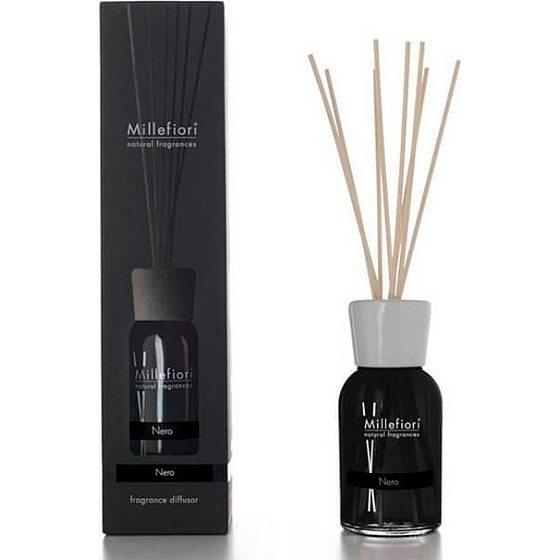 Millefiori Milano Natural Nero - Čierna Difuzér 100 ml + 7 stebiel v dĺžke 25 cm do menších priestorov vydrží 5-6 týždňov