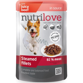 Nutrilove Dusené filety so šťavnatým hovädzím v omáčke kompletné krmivo pre psy kapsička 85 g