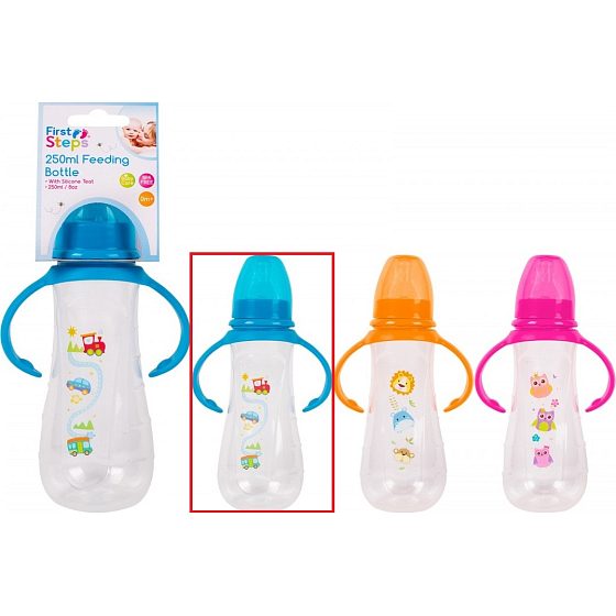 First Steps Feeding Bottle 0+ dojčenská fľaša číra s úchytmi Car modrá 250 ml