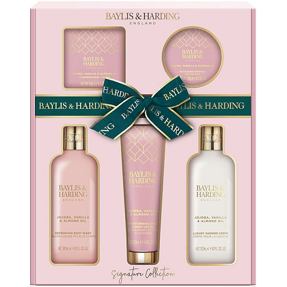 Baylis & Harding Jojoba, Vanilka & Mandľový olej umývací gél 300 ml + sprchový krém 300 ml + toaletné mydlo 150 g + mlieko na ruky a telo 130 ml + telové maslo 100 ml, kozmetická sada pre ženy