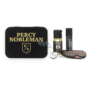 Percy Nobleman Stylingový vosk na fúzy 5 ml + skladacia cestovná hrebienok na fúzy a fúzy + vyživujúci olejový kondicionér na fúzy 10 ml + brošňa s logom Percy Nobleman, pre mužov sada na fúzy