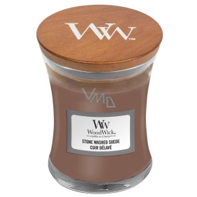 Woodwick Stone Washed Suede - sprané semiš vonná sviečka s drevený knôtom a viečkom sklo malá 85 g