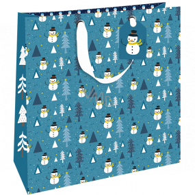 Nekupto Darčeková papierová taška luxusné 33 x 33 cm Vianočná modrá sa snehuliakov WLIL 1977