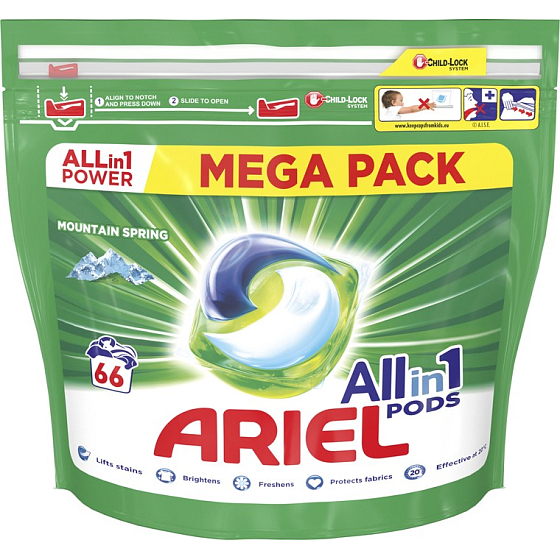 Ariel All in 1 Pods Gélové kapsuly Mountain Spring na pranie bielej a svetlej bielizne 66 kusov