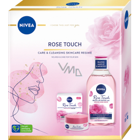 Nivea Rose Touch hydratačný denný gél-krém pre všetky typy pleti 50 ml + micelárna voda s ružovou organickou vodou 400 ml, kozmetická sada pre ženy