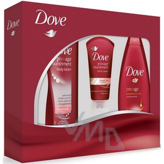 Dove Pro Age sprchový gél 250 ml + telové mlieko 250 ml + krém na ruky 75 ml, kozmetická sada