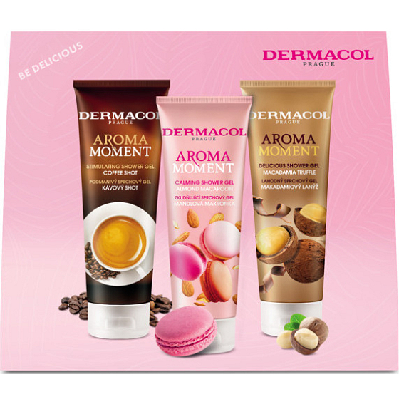 Dermacol Aroma Moment Coffee Shot sprchový gél 250 ml + Almond Macaroon sprchový gél 250 ml + Macadamia Truffle sprchový gél 250 ml, kozmetická sada pre ženy