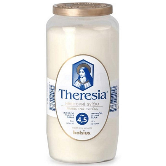 Hřbitovná sviečka Bolsius Theresia s viečkom kompozitná biela, doba horenia 108 hodín 320 g