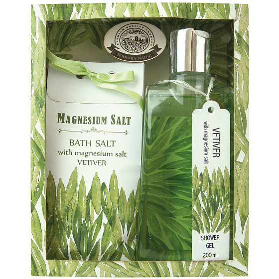 Bohemia Gifts Vetiver a santalové drevo s magnéziovú soľou sprchový gél 200 ml + soľ do kúpeľa 150 g, kozmetická sada