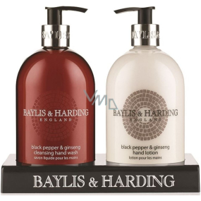 Baylis & Harding Men Čierne korenie a Ženšen tekuté mydlo dávkovač 500 ml + mlieko na ruky dávkovač 500 ml, kozmetická sada pre mužov